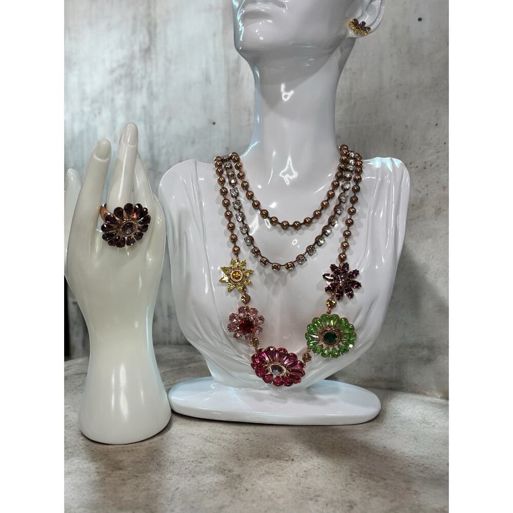 Y2K Coach Poppy Swarovski Crystal Flower Necklace, Earrings and Ring Size 8